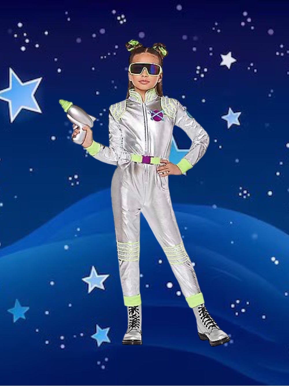 Retired Spirit Silver and Neon Green Kids Galaxy Jumpsuit Costume Child Size Lg